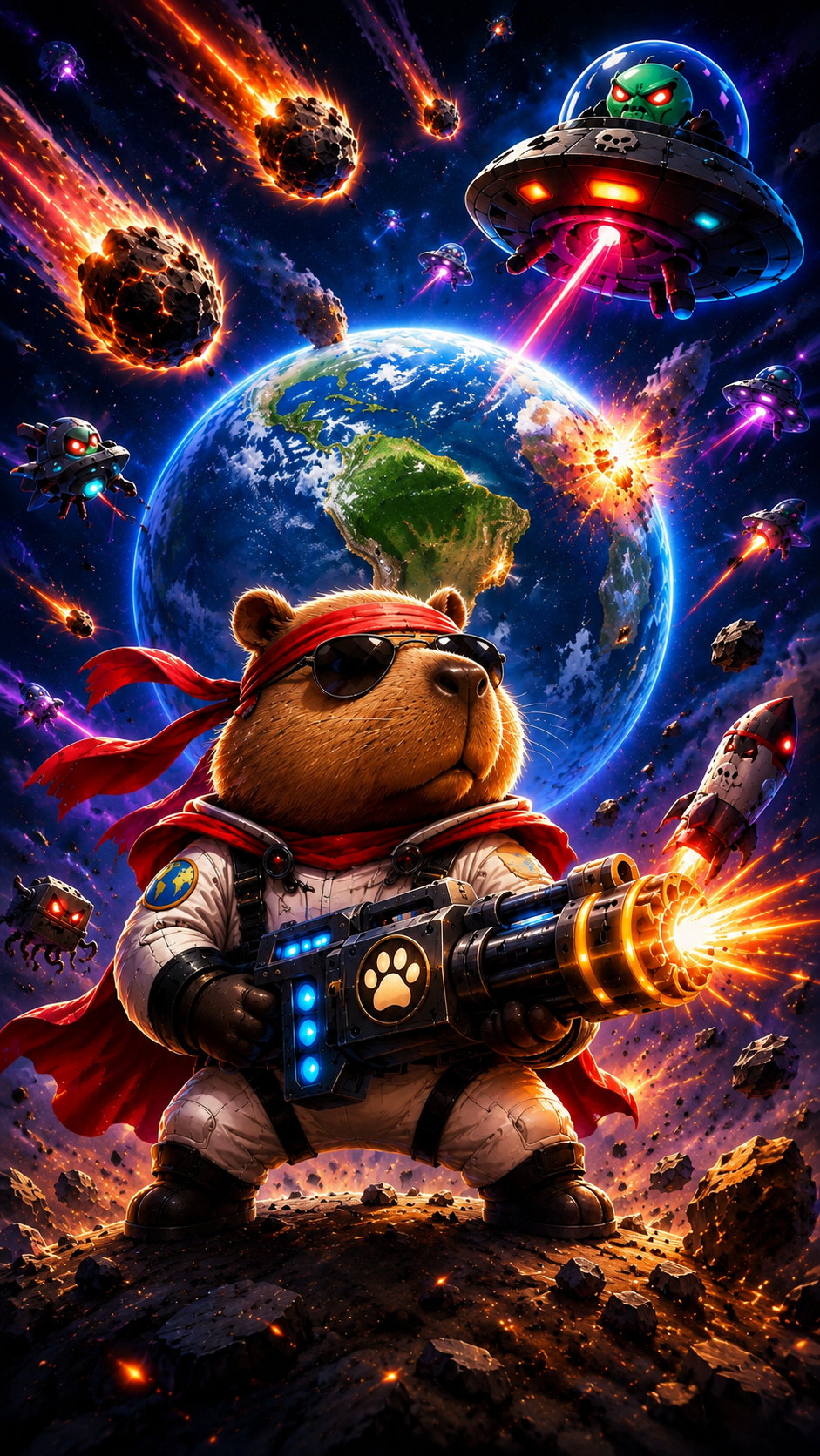 Capivara astronauta de Capy Defense protegendo a Terra